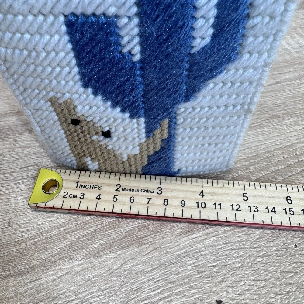 Vintage Cross Stitch Tissue Box Cover Square Vertical Coyote & Saguaro Southwest